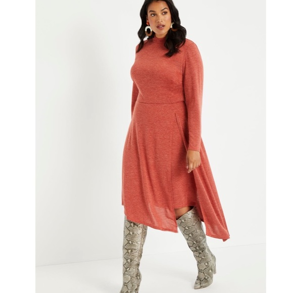 ELOQUII stretchy knit mock neck long sleeves  asymmetrical hem midi dress - Picture 11 of 11